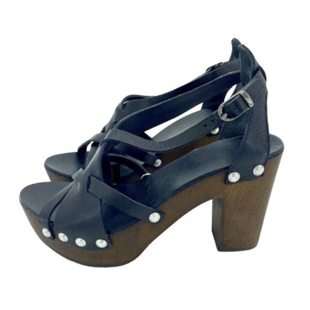 Henry Beguelin Black Leather Sandals Platform Studded High Heel Shoes SZ 37.5 EU